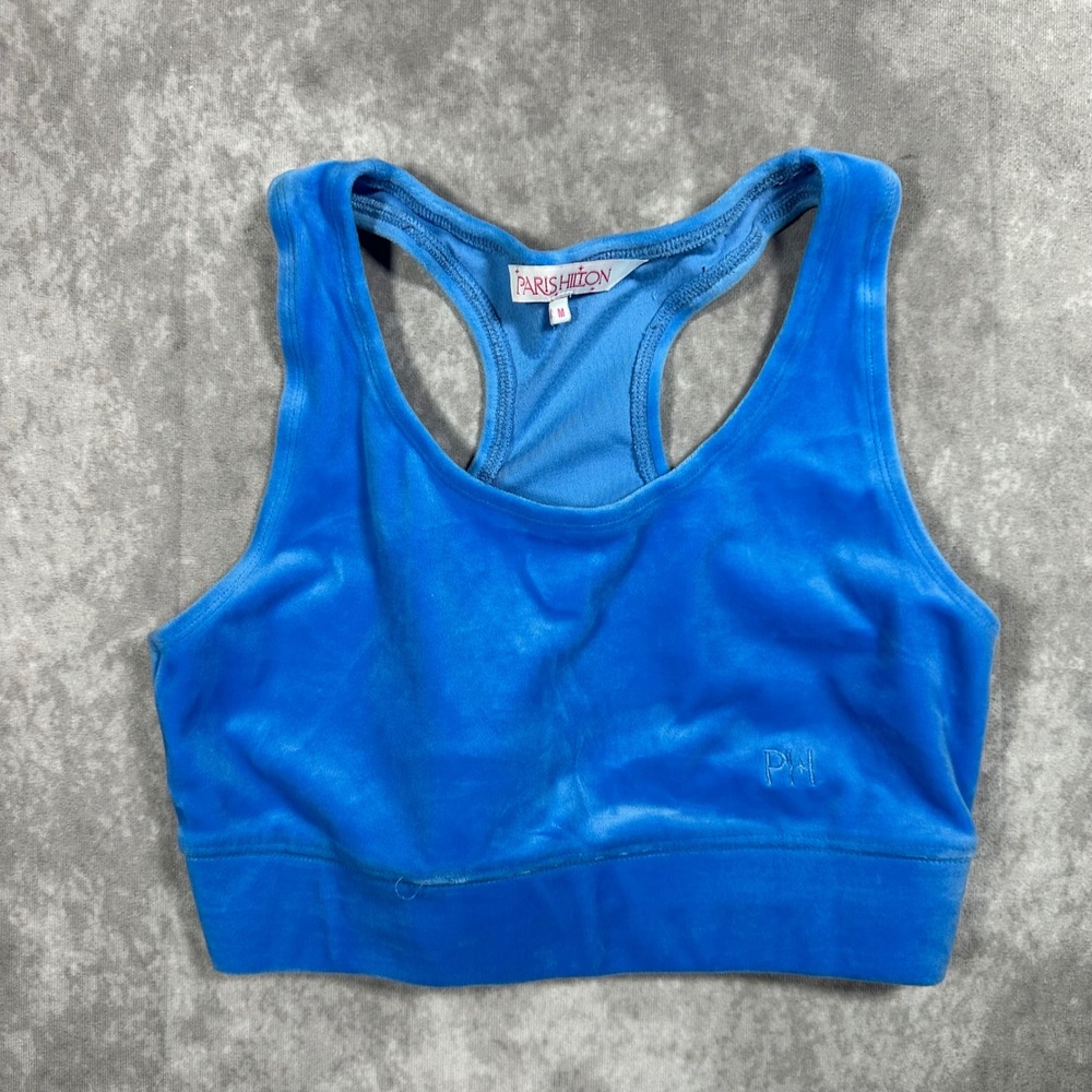 Paris Hilton Women Blue Velour Racerback Sports Bra Logo Y2K Lounge Top M 2000s